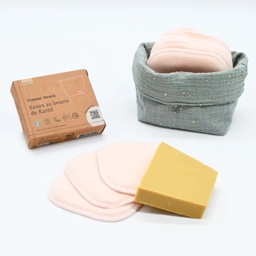 Kit “Mes essentiels salle de bain” : lingettes lavables, savon Bio et panière